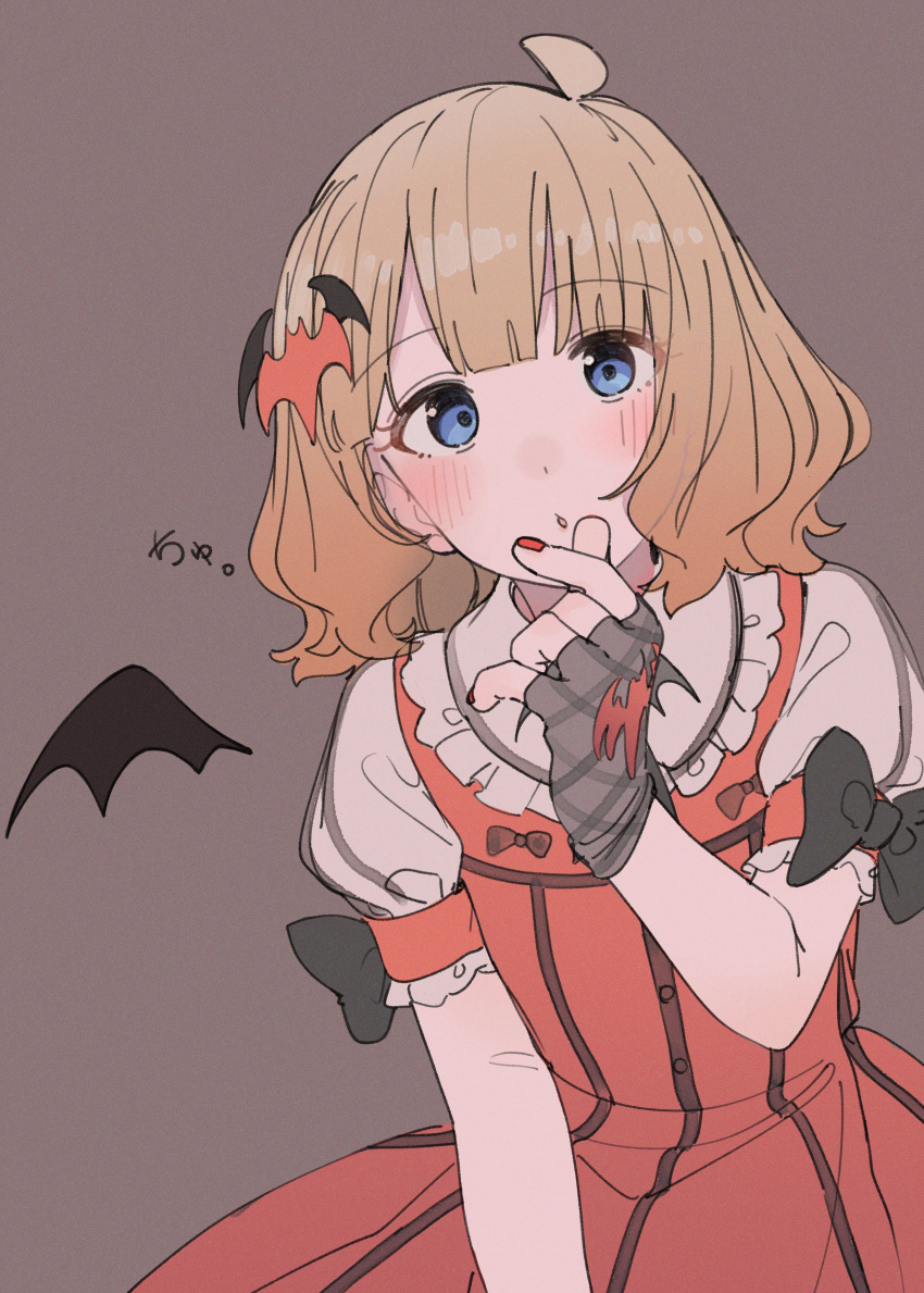 1girl absurdres ahoge animal_print bat_hair_ornament bat_print bat_wings black_bow black_gloves blue_eyes blush bow brown_background brown_hair chestnut_mouth commentary dress finger_heart fingerless_gloves flat_chest frilled_dress frills gloves hair_ornament hand_up highres idolmaster idolmaster_million_live! looking_at_viewer medium_hair meeeeeeco359 my_dear_vampire_(idolmaster) puffy_short_sleeves puffy_sleeves red_dress short_sleeves sidelocks solo suou_momoko symbol-only_commentary wavy_hair wings