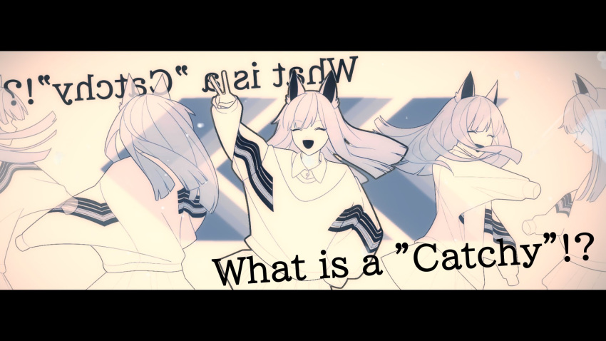 1girl ^_^ animal_ears arm_up arrow_(symbol) blunt_ends catchy_!?_(cevio) cevio closed_eyes collared_shirt commentary cowboy_shot dress_shirt english_text facing_viewer floating_hair grey_hair highres letterboxed long_hair long_sleeves lyrics missing_limb multiple_views noruneru168 open_mouth sequential shirt sidelocks skirt smile song_name spinning striped striped_sweater sweater thick_outlines translucent v