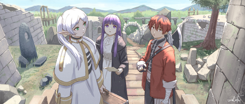 1boy 2girls axe battle_axe commentary day elf fern_(sousou_no_frieren) fingerless_gloves frieren gloves green_eyes highres long_hair multiple_girls outdoors pointy_ears purple_hair redhead robe short_hair sousou_no_frieren stark_(sousou_no_frieren) suitcase tree twintails umiroku violet_eyes weapon white_hair