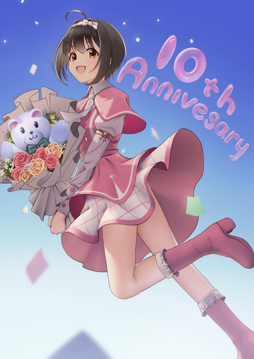 1girl absurdres ahoge anniversary black_hair blurry blurry_foreground blush boots bouquet bow breasts brown_eyes confetti dress floating_clothes flower full_body hair_bow highres holding holding_bouquet idolmaster idolmaster_cinderella_girls idolmaster_cinderella_girls_starlight_stage kohinata_miho leg_up long_sleeves looking_at_viewer medium_breasts necktie open_mouth orange_flower pink_dress pink_flower pink_footwear plaid plaid_ribbon puffy_long_sleeves puffy_sleeves ribbon short_hair smile solo stuffed_animal stuffed_toy teddy_bear viq white_flower white_necktie white_ribbon