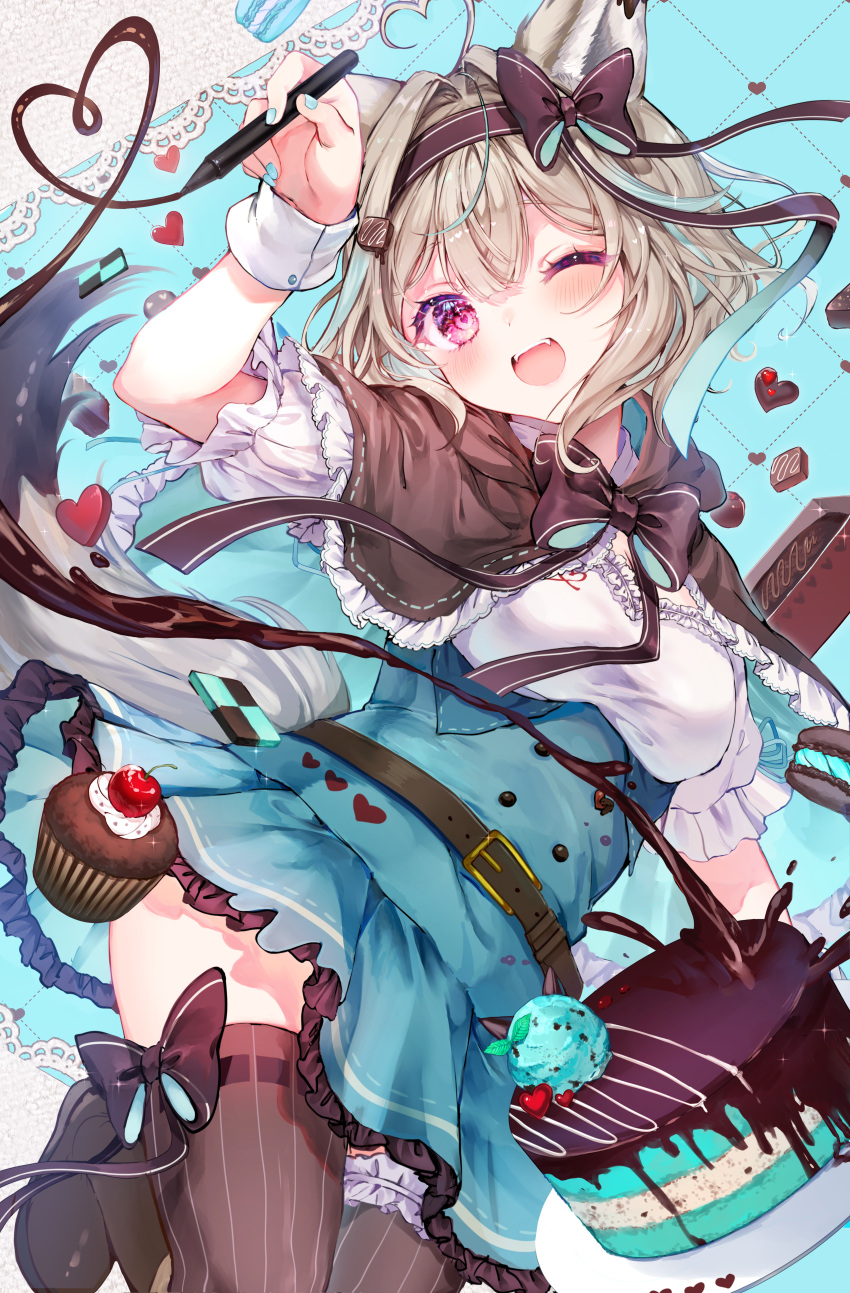 1girl ;d absurdres ahoge amakami_konomi black_bow blonde_hair blue_background blue_dress bow breasts cake cherry chocolate dress food foot_out_of_frame fruit hair_between_eyes hair_bow hand_up highres indie_virtual_youtuber leg_ribbon mint_chocolate noyu_(noyu23386566) one_eye_closed open_mouth pen ribbon small_breasts smile tail two-tone_background violet_eyes virtual_youtuber white_background