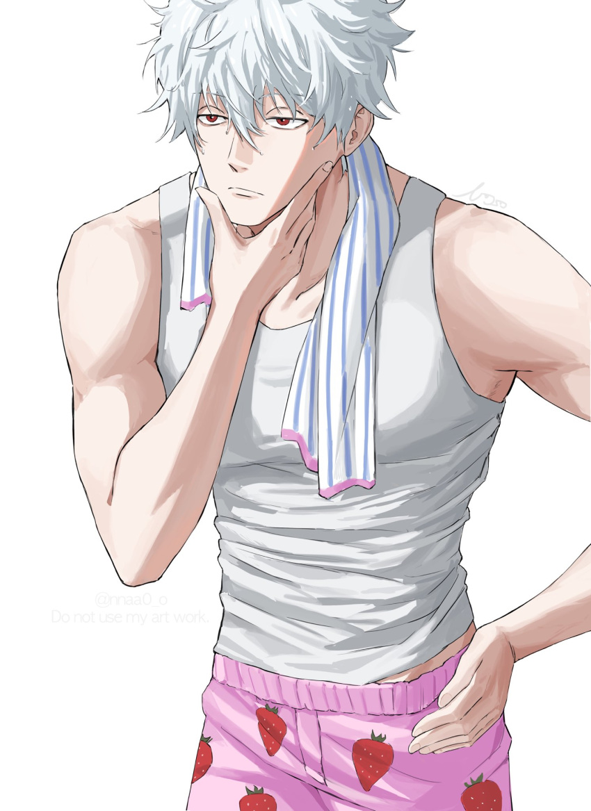 1boy artist_name commentary_request covered_pectorals food_print fruit_print gintama hand_on_own_chin highres korean_commentary male_focus nnaa0_o pectorals pink_shorts sakata_gintoki short_hair shorts simple_background solo strawberry_print tank_top towel towel_around_neck twitter_username white_background white_tank_top