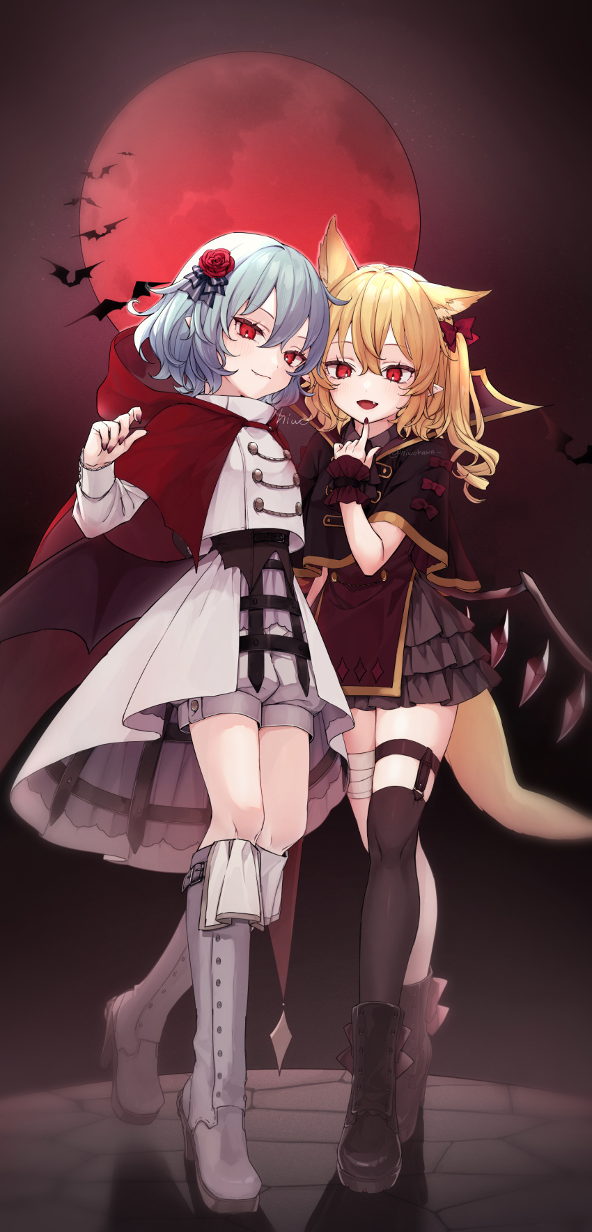 2girls absurdres alternate_costume animal_ears artist_name black_thighhighs blonde_hair blue_hair boots flandre_scarlet frilled_skirt frills full_body full_moon highres honotai kemonomimi_mode looking_at_viewer moon multiple_girls pointy_ears red_eyes red_moon red_nails remilia_scarlet side_ponytail single_thighhigh skirt smile thigh-highs thigh_strap touhou twitter_username white_footwear wings