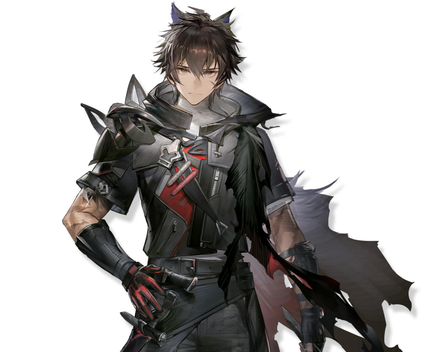 1boy animal_ears arknights arknights:_endfield belt black_gloves black_jacket black_pants brown_eyes brown_hair cape closed_mouth cowboy_shot crossed_bangs fingerless_gloves gloves hair_between_eyes hand_on_own_hip holding holding_knife jacket knife looking_at_viewer male_focus official_art pants red_gloves reverse_grip scar scar_on_arm scar_on_cheek scar_on_face short_hair single_fingerless_glove solo spiky_hair standing tail torn_cape torn_clothes transparent_background two-tone_gloves wolf_boy wolf_ears wolf_tail wulfgard_(arknights)