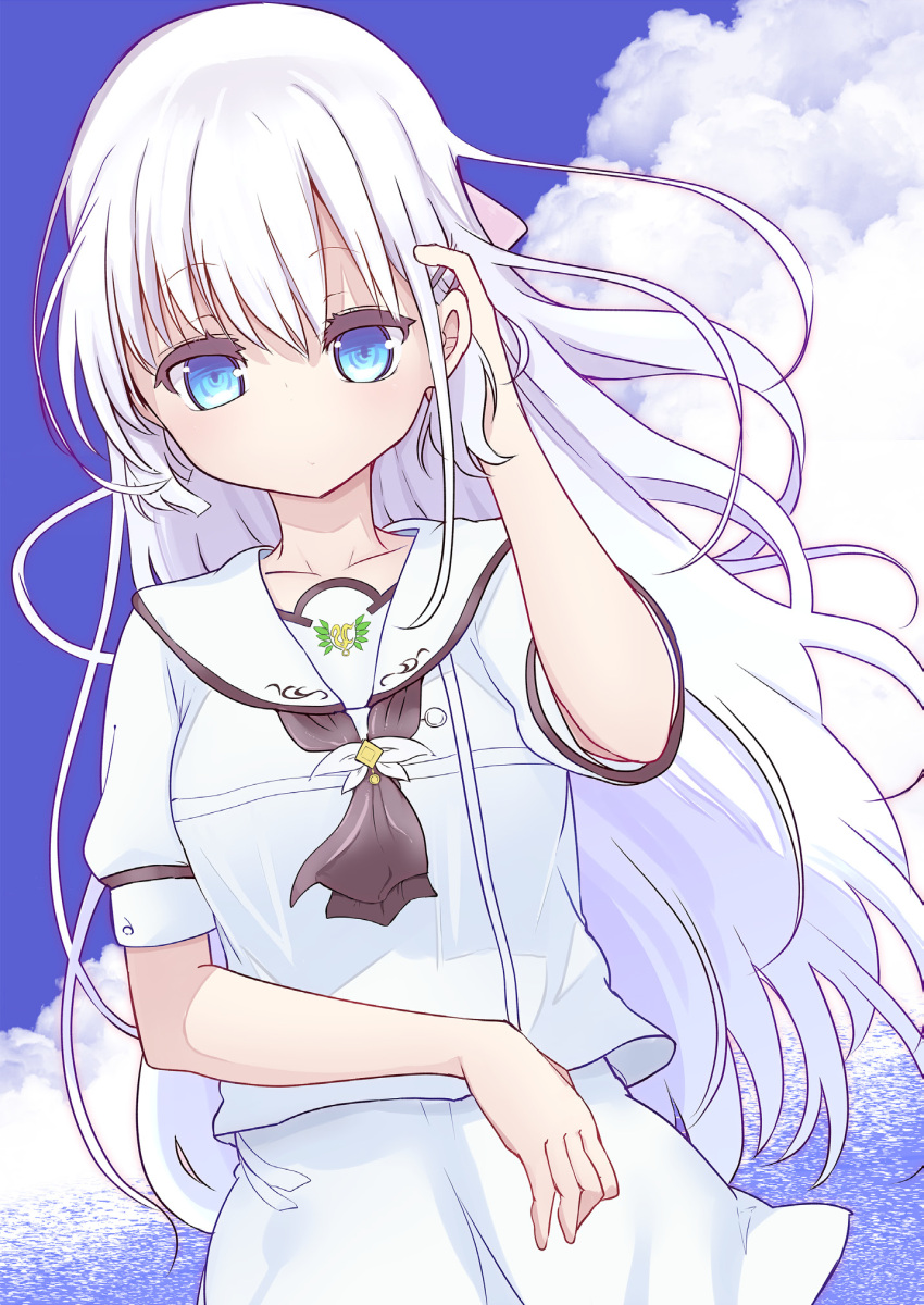 1girl ascot black_ascot blue_eyes blue_sky blunt_ends blush closed_mouth clouds commentary cool-kyou_shinja cowboy_shot day expressionless eyelashes floating_hair hair_between_eyes hair_ornament hairclip hand_in_own_hair hand_up highres long_hair looking_at_viewer miniskirt naruse_shiroha non-web_source outdoors puffy_short_sleeves puffy_sleeves sailor_collar school_uniform shirt short_sleeves skirt sky solo standing summer_pockets very_long_hair white_hair white_sailor_collar white_shirt white_skirt wind wind_lift