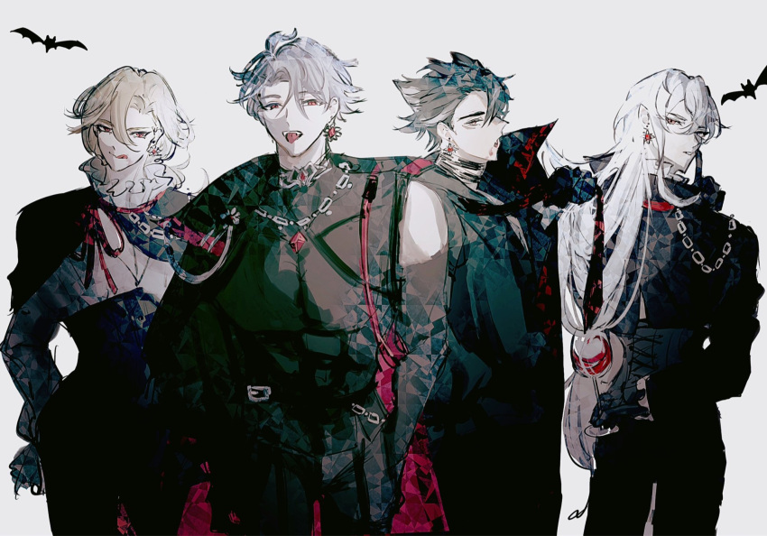 4boys alhaitham_(genshin_impact) alternate_costume bat_(animal) black_hair blonde_hair closed_mouth earrings genshin_impact grey_eyes grey_hair halloween_costume highres jewelry kaveh_(genshin_impact) licking_lips looking_back multiple_boys neuvillette_(genshin_impact) open_mouth pale_skin parted_lips red_eyes senno_dayo tongue tongue_out vampire white_background white_hair wriothesley_(genshin_impact)