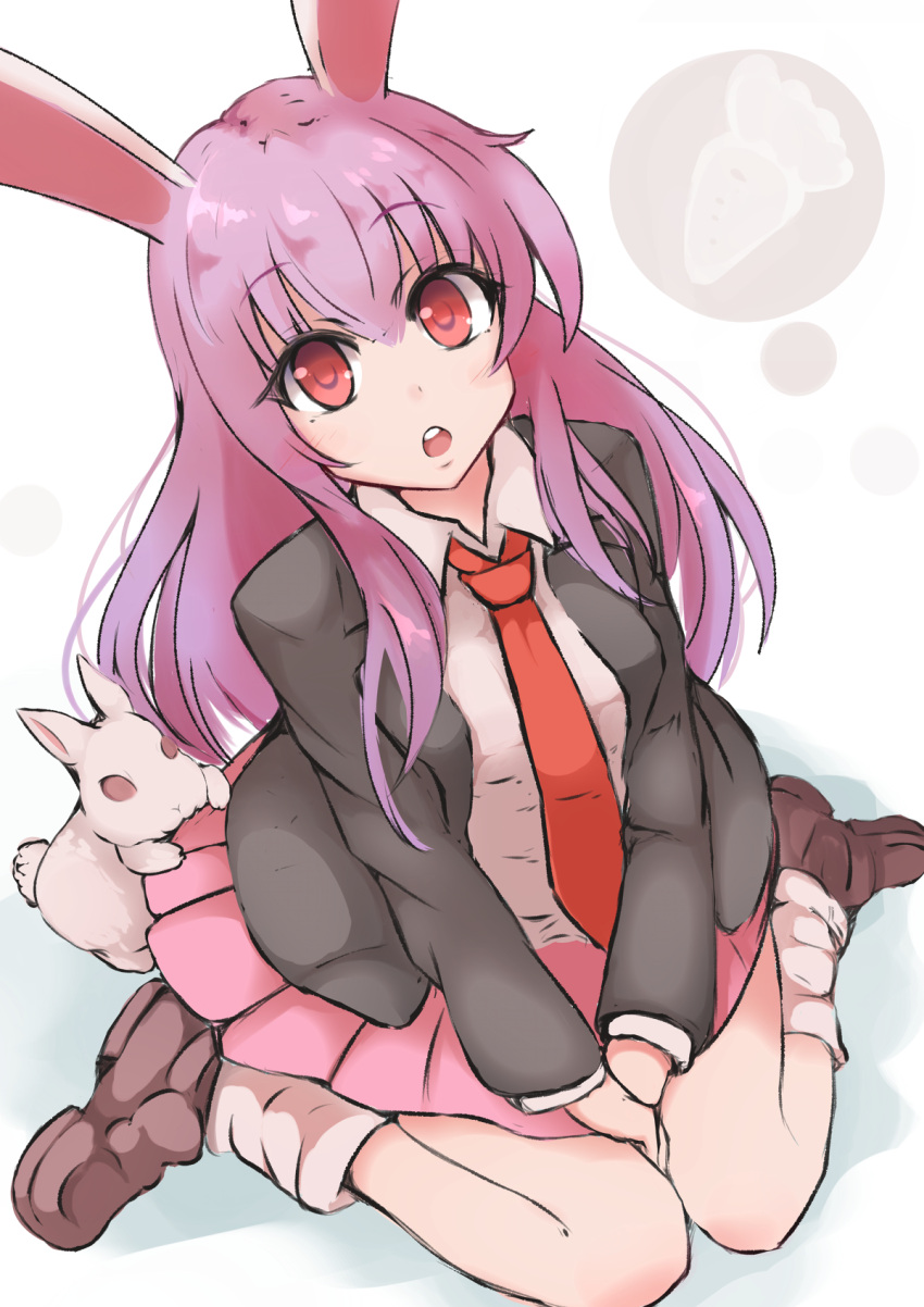 1girl animal_ears bahamun breasts carrot dress_shirt highres long_hair looking_at_viewer mary_janes medium_breasts necktie open_mouth purple_hair rabbit rabbit_ears red_eyes reisen_udongein_inaba shirt shoes sidelocks simple_background sitting socks suit_jacket touhou wariza white_background