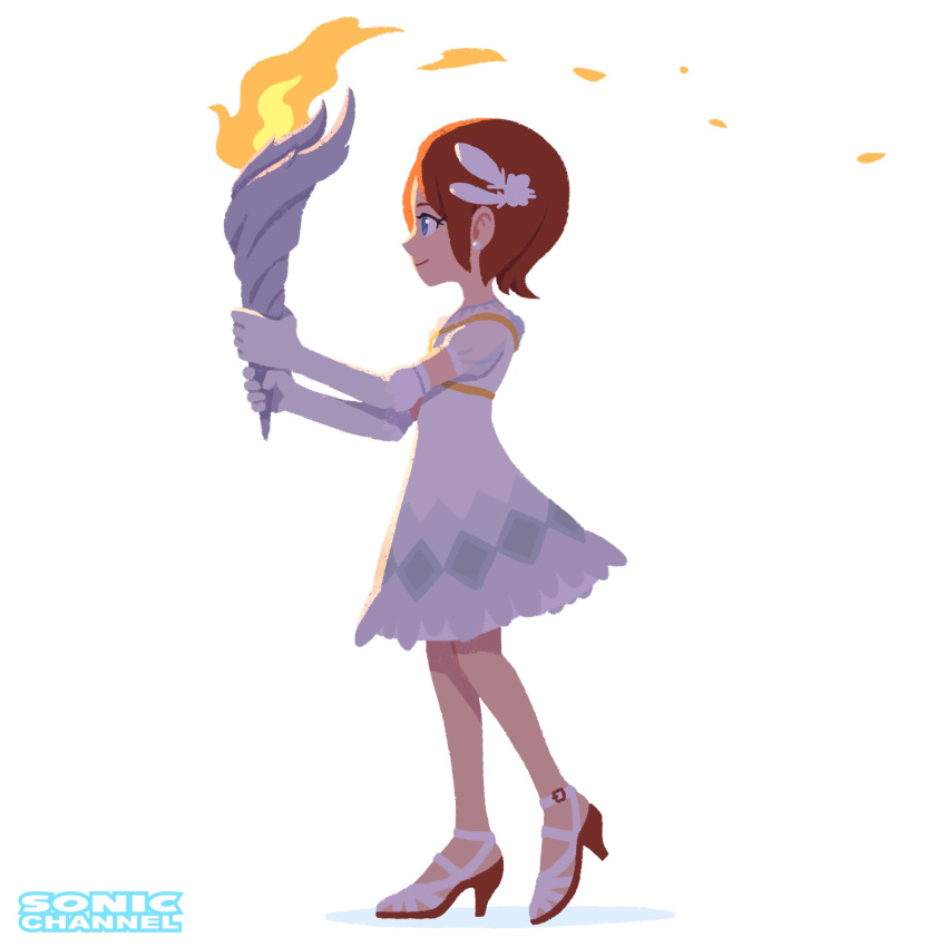 1girl aged_down blue_eyes brown_hair closed_mouth commentary_request dress elbow_gloves from_side full_body gloves high_heels highres official_art princess_elise_the_third short_hair short_sleeves simple_background solo sonic_(series) sonic_the_hedgehog_(2006) standing white_background white_dress white_gloves