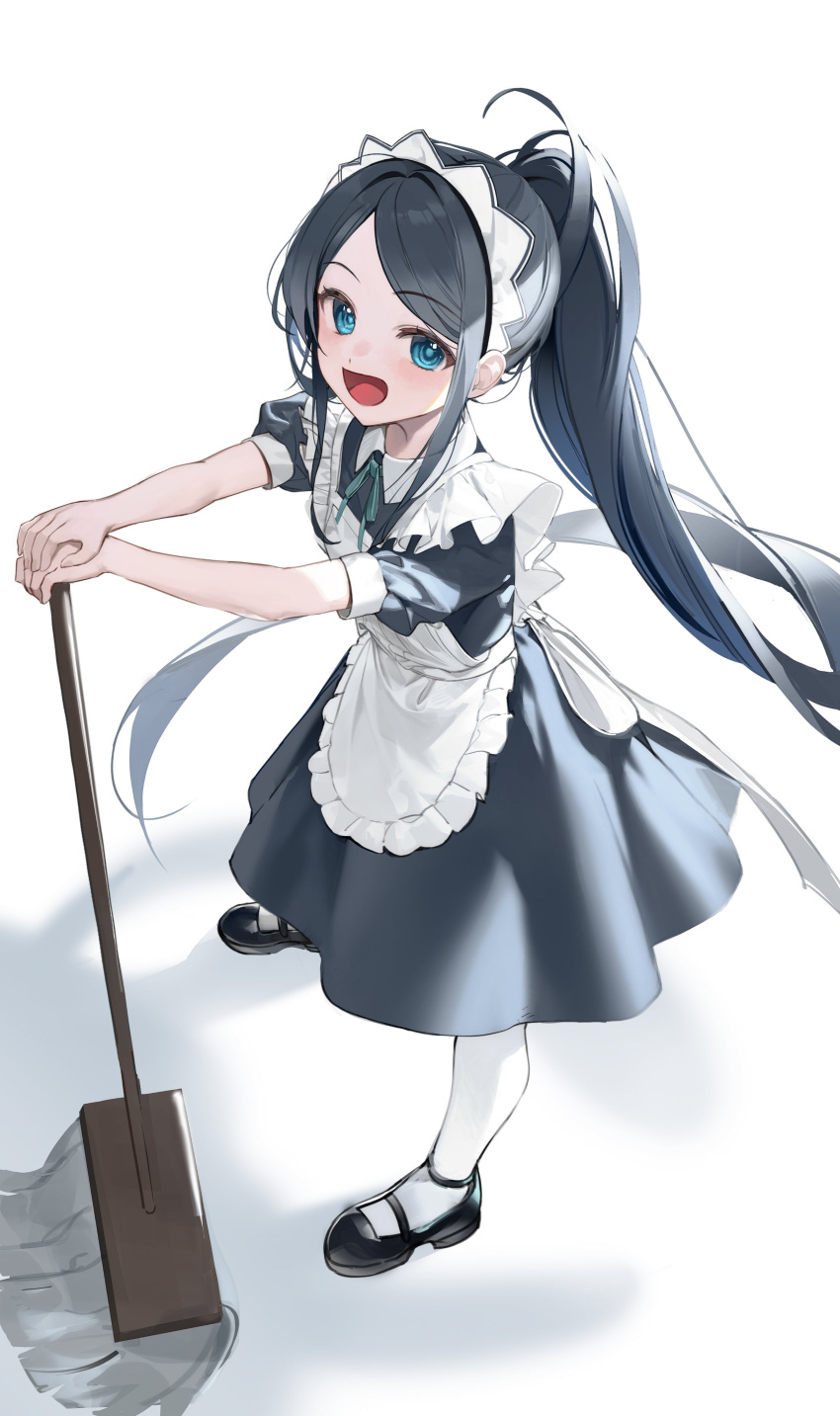 1girl absurdly_long_hair absurdres apron aris_(blue_archive) aris_(maid)_(blue_archive) black_dress black_hair blue_archive blue_eyes blush dress highres lo-ta long_hair looking_at_viewer maid maid_apron maid_headdress mop official_alternate_costume ringed_eyes short_sleeves simple_background smile solo very_long_hair white_apron white_background