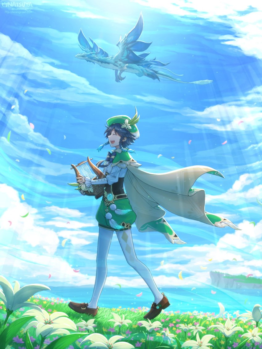 1boy beret black_bow black_bowtie black_hair blue_hair blue_sky bow bowtie braid brown_footwear cape cliff closed_eyes commentary_request corset day dragon falling_petals field flower flower_field frilled_sleeves frills full_body genshin_impact gradient_hair green_cape green_headwear green_shorts hat highres holding holding_instrument horizon instrument loafers lyre male_focus medium_bangs multicolored_hair music natsuya_(kuttuki) ocean open_mouth pantyhose petals pink_flower playing_instrument shirt shoes short_hair shorts sky smile solo sunlight twin_braids venti_(genshin_impact) walking white_footwear white_shirt yellow_flower