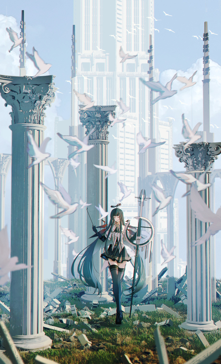 1girl absurdres arknights ascot bird black_ascot black_gloves black_hair black_skirt black_thighhighs closed_eyes collared_shirt detached_wings dove elbow_gloves energy_wings facing_viewer gloves grass haku_(muc12b) halo highres holding_bow_(music) long_hair outdoors pillar ruins scenery shirt short_sleeves skirt smile solo standing thigh-highs tower very_long_hair virtuosa_(arknights) white_shirt wide_shot wings