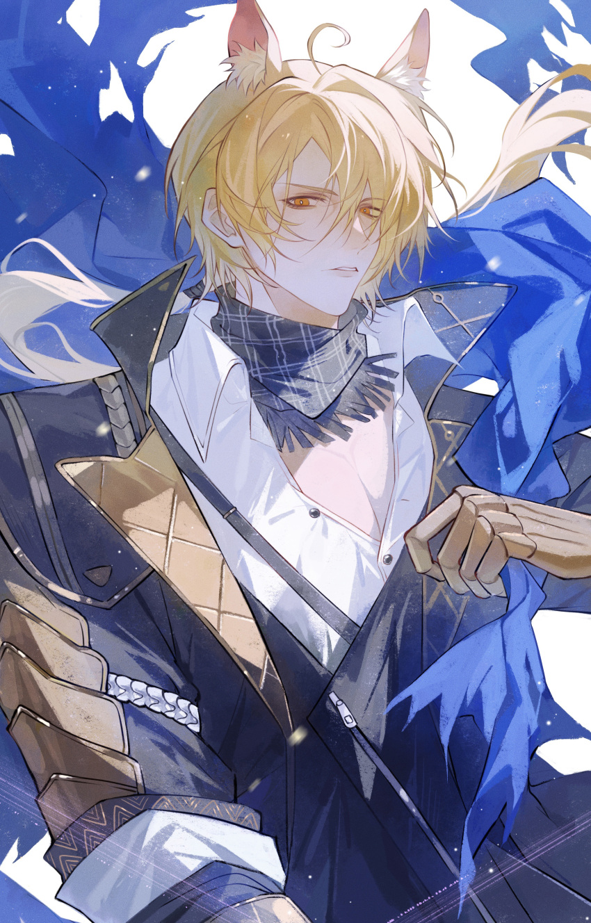 1boy absurdres animal_ear_fluff animal_ears arknights bishounen black_jacket blonde_hair blue_scarf highres holding_cloth horse_boy horse_ears jacket long_sleeves looking_at_viewer male_focus mlynar_(arknights) mlynar_(wdali)_(arknights) official_alternate_costume orange_eyes parted_lips partially_unbuttoned pectoral_cleavage pectorals scarf shanzhamei23687 short_hair solo upper_body white_background