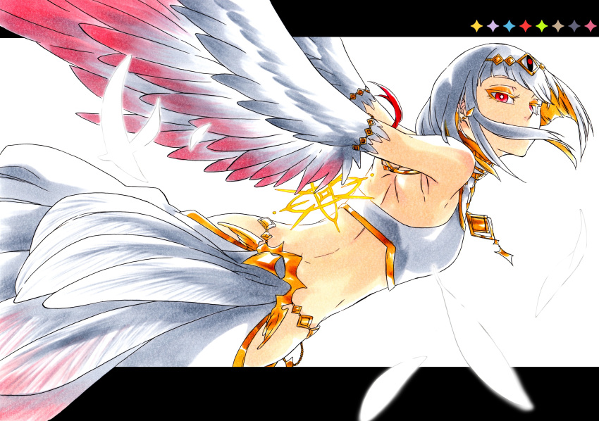 absurdres armpit_crease black_border border breasts bright_pupils colored_eyelashes cottage_project covered_mouth earrings eyeliner feathered_wings feathers floating_hair halterneck harpy highres hip_vent jewelry ken'ichi_(ken1ro_u) looking_at_viewer makeup mangu_nito monster_girl multicolored_hair multicolored_wings necklace outstretched_arm red_eyes small_breasts tiara two-tone_hair virtual_youtuber white_background white_hair white_pupils wings