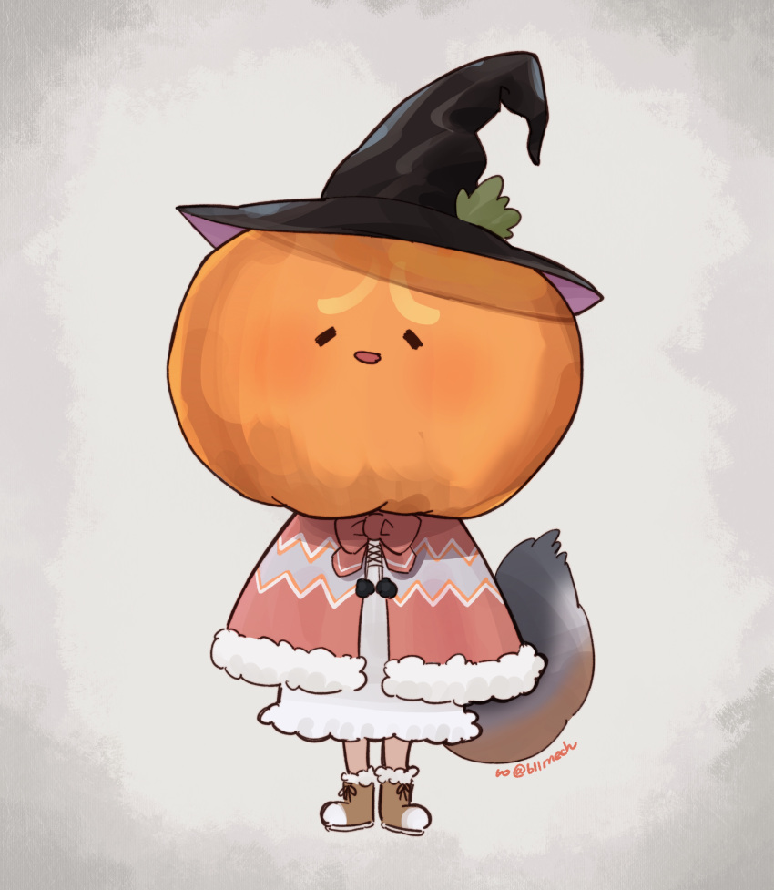 1girl absurdres beleven boots cape dress fox_girl fox_tail full_body grey_background halloween halloween_costume hat highres island_fox_(kemono_friends) kemono_friends kemono_friends_v_project looking_at_viewer pumpkin simple_background smile solo sundress tail virtual_youtuber witch_hat