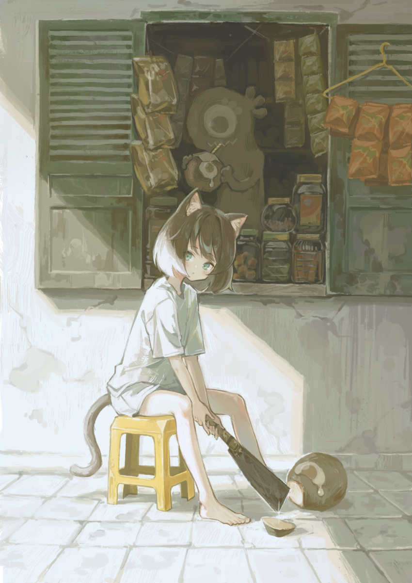 1other androgynous animal_ears barefoot brown_hair brown_tail cat_ears cat_tail closed_mouth clothes_hanger commentary_request creature cutting drinking drinking_straw full_body glint grey_shorts highres holding holding_knife jar knife looking_at_viewer medium_hair on_stool open_shutters original popepopo999 shirt short_shorts short_sleeves shorts shutter sideways_glance sitting t-shirt tail white_shirt