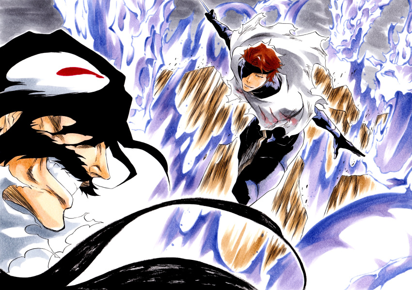 absurdres aizen_sousuke black_bodysuit bleach bleach:_the_thousand-year_blood_war bodysuit brown_eyes brown_hair covered_eyes dragon eastern_dragon evil_smile extra_eyes eyepatch facial_hair fire floating_hair highres holding holding_weapon ken'ichi_(ken1ro_u) mustache one_eye_covered outstretched_arms purple_fire shawl sky smile smirk torn_clothes weapon yhwach