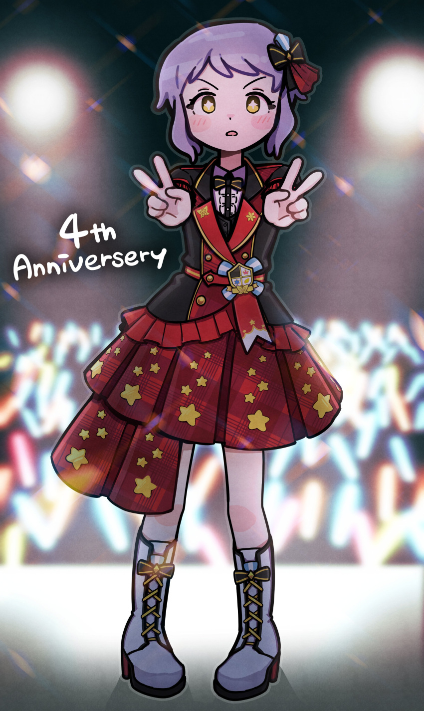 1girl absurdres anniversary black_bow black_bowtie black_jacket blurry blurry_background blush_stickers boots bow bowtie burndle08 checkered_clothes checkered_skirt commentary dot_nose double_v full_body glowstick hair_bow hands_up highres idol idolmaster idolmaster_million_live! idolmaster_million_live!_theater_days jacket knee_boots light looking_at_viewer makabe_mizuki official_alternate_costume parted_lips pleated_skirt purple_hair red_skirt short_hair sidelocks skirt solo stage standing star-shaped_pupils star_(symbol) star_print symbol-shaped_pupils v v-shaped_eyebrows white_footwear yellow_eyes