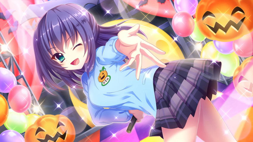 1girl aqua_eyes balloon bat_(animal) blue_hair breasts concert dot_nose film_grain from_side game_cg halloween hand_on_own_hip holding holding_microphone honjou_kasumi izumi_tsubasu jack-o'-lantern kindergarten_uniform leaning_forward lens_flare looking_at_viewer medium_breasts medium_hair microphone name_tag non-web_source official_art one_eye_closed open_mouth outstretched_arm plaid plaid_skirt re:stage! reaching reaching_towards_viewer skirt smile solo sparkle stage stage_lights tile_floor tiles