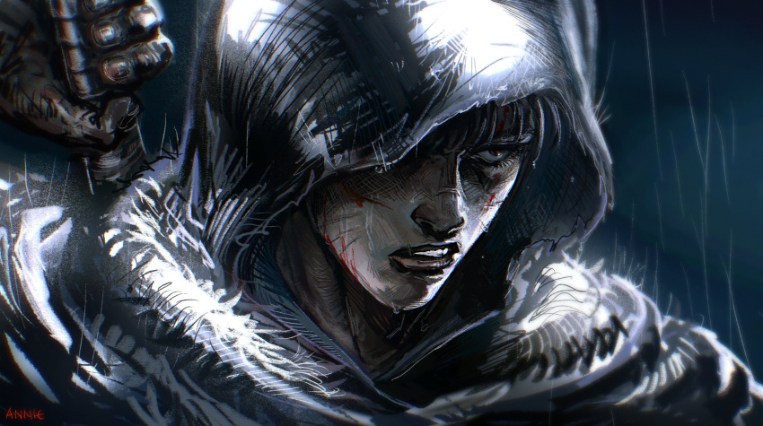 1boy absurdres anniechromes artist_name berserk black_cloak black_hair blood blood_on_face cloak close-up commentary guts_(berserk) highres holding holding_weapon hood hood_over_one_eye hood_up injury male_focus one_eye_covered open_mouth parted_lips rain red_eyes solo symbol-only_commentary teeth upper_teeth_only weapon weapon_on_back