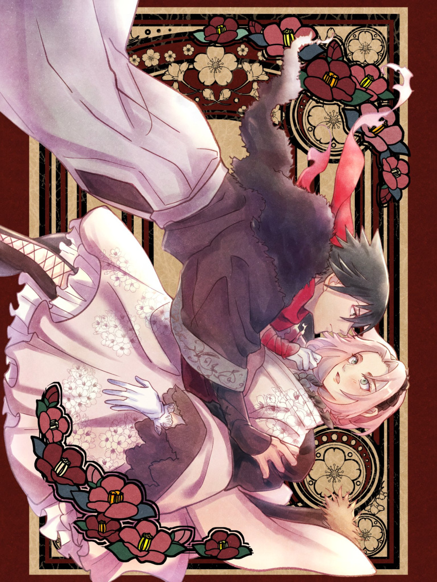 1boy 1girl arm_ribbon black_hair black_hairband boots cherry_blossoms closed_mouth commentary_request couple feet_out_of_frame floral_print floral_print_kimono gloves green_eyes hair_between_eyes hairband hakama haruno_sakura hetero highres japanese_clothes kimono lace-up_boots looking_at_another medium_hair naruto_(series) naruto_shippuuden parted_bangs parted_lips pink_hair pink_kimono print_kimono red_ribbon ribbon sayaendou0426 short_hair spiky_hair uchiha_sasuke white_gloves white_hakama