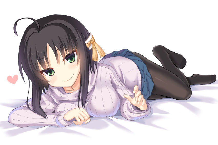 1girl ahoge alternate_costume bed_sheet black_hair black_pantyhose blue_skirt blush breast_press breasts c: casual closed_mouth commentary_request curvy eyes_visible_through_hair full_body green_eyes hair_between_eyes hair_ornament hand_up heart hitachi_mako knee_up large_breasts looking_at_viewer lying miniskirt no_shoes on_stomach pantyhose pleated_skirt senren_banka short_hair_with_long_locks sidelocks simple_background skirt sleeves_past_wrists smile solo sweater tassel tassel_hair_ornament tatsuya_(trypaint) white_background white_sweater yellow_tassel