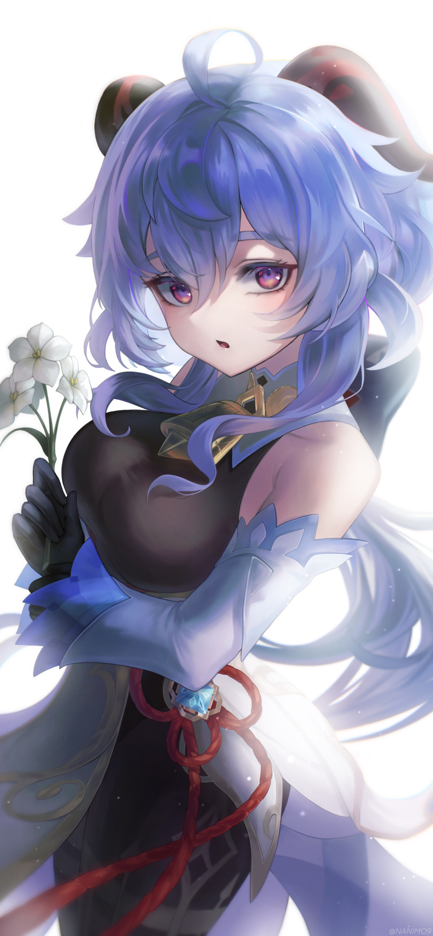 1girl absurdres ahoge bare_shoulders bell black_gloves black_pantyhose blue_hair breasts chinese_knot detached_sleeves flower flower_knot ganyu_(genshin_impact) genshin_impact gloves gold_trim highres holding holding_flower horns long_hair looking_at_viewer low_ponytail medium_breasts nanimonine9 neck_bell pantyhose parted_lips qingxin_flower sidelocks solo tassel thighlet violet_eyes vision_(genshin_impact) white_flower white_sleeves