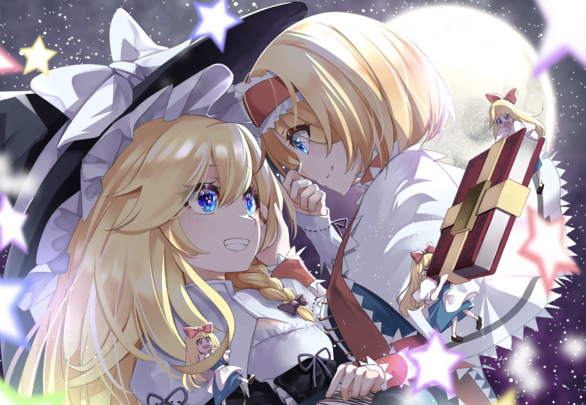 2girls alice_margatroid black_ribbon blonde_hair blue_eyes book bow braid capelet doll eye_contact frilled_hairband frills full_moon grimoire grimoire_of_alice hair_bow hair_ribbon hairband hat hat_bow highres holding holding_book kirisame_marisa lolita_hairband long_hair looking_at_another moon multiple_girls night night_sky nodoguro_(phi-tan) open_mouth red_bow red_hairband ribbon short_hair side_braid single_braid sky smile star_(sky) star_(symbol) touhou white_bow white_capelet witch_hat