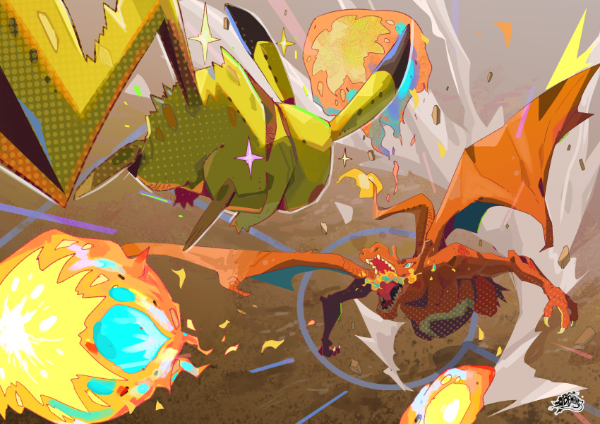 absurdres charizard claws commentary demong3 dragon falling fire fireball flame-tipped_tail highres no_humans open_mouth pikachu pokemon pokemon_(creature) rock sparkle teeth tongue