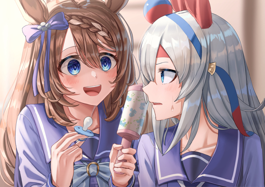 2girls :d absurdres animal_ears behind_another blue_eyes blurry blurry_background blush bow braid brown_hair commentary_request ear_bow ear_covers empty_eyes eye_contact grey_hair hair_between_eyes hairband hands_up headband highres holding_pacifier holding_rattle horse_ears indoors long_sleeves looking_at_another looking_back multiple_girls ooeyama open_mouth pacifier parted_bangs parted_lips rattle school_uniform shirt smile super_creek_(umamusume) tamamo_cross_(umamusume) tracen_school_uniform umamusume upper_body