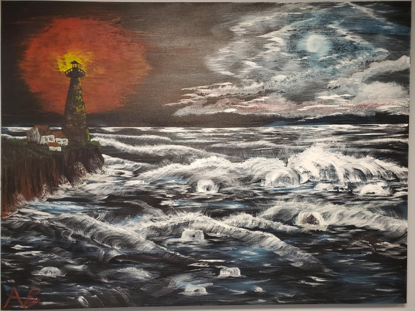 abstract absurdres acrylic_paint_(medium) aura building cliff clouds friendly_newfie highres house lighthouse moon night painting_(medium) scenery traditional_media waves world_of_horror