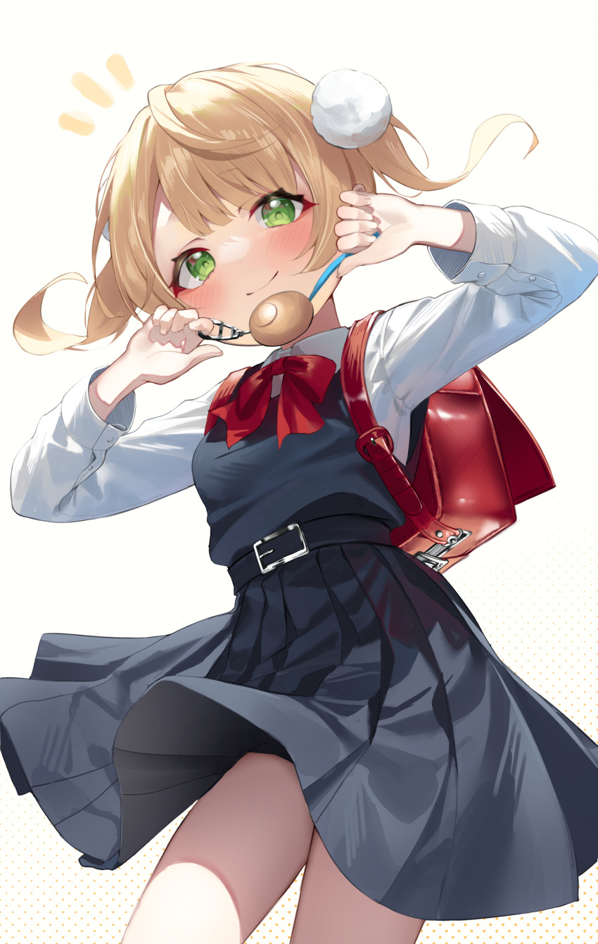 1girl absurdres belt black_belt black_skirt blonde_hair blush bow bowtie closed_mouth commentary green_eyes highres indie_virtual_youtuber kerno long_sleeves looking_at_viewer pleated_skirt red_bow red_bowtie school_uniform shigure_ui_(vtuber) shigure_ui_(young)_(vtuber) short_hair shukusei!!_loli-gami_requiem skirt smile solo standing thighs twintails virtual_youtuber