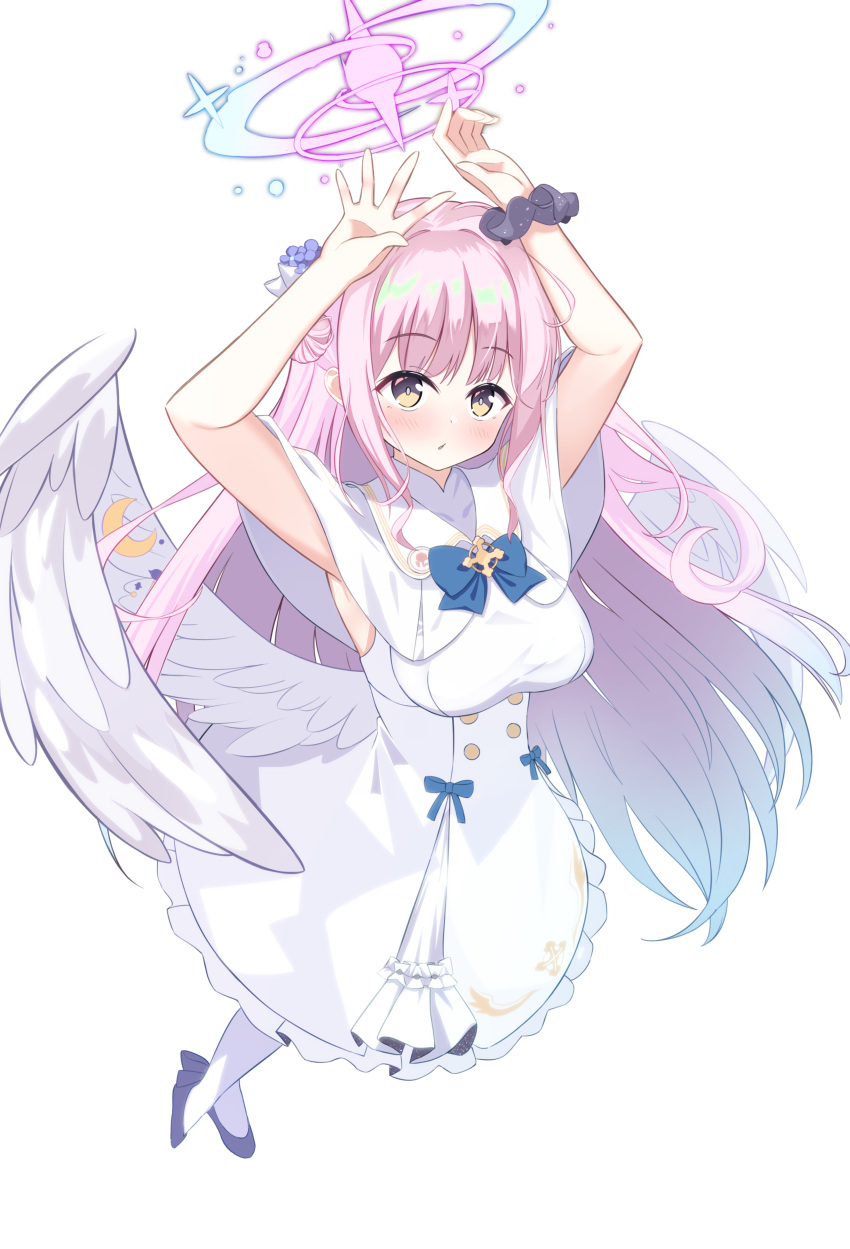 1girl absurdres angel_wings black_footwear blue_archive blush breasts capelet dress efu_(ehutan) feathered_wings flower full_body hair_bun hair_flower hair_ornament halo highres large_breasts long_hair mika_(blue_archive) pantyhose parted_lips pink_hair pink_halo purple_flower shoes simple_background single_side_bun solo white_background white_capelet white_dress white_pantyhose white_wings wings yellow_eyes