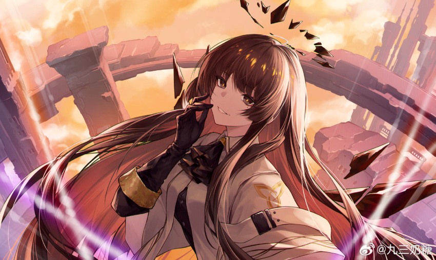1girl ahoge architecture arknights artist_name ascot belt belt_buckle black_ascot black_eyes black_gloves black_hair black_halo black_shirt black_wings blunt_bangs blurry blurry_foreground bridge broken_halo buckle building buttons chinese_commentary clouds cloudy_sky collared_jacket commentary_request dark_halo day detached_wings dress_shirt energy_wings floating_hair from_side gloves halo hand_to_own_mouth hand_up highres hime_cut jacket jiusan_naitang light_rays long_hair long_sleeves looking_at_viewer mole mole_under_eye outdoors outstretched_hand parted_lips pillar shirt sidelocks sky smile solo sunlight upper_body very_long_hair virtuosa_(arknights) weibo_logo weibo_username white_belt white_jacket wide_sleeves wings yellow_sky