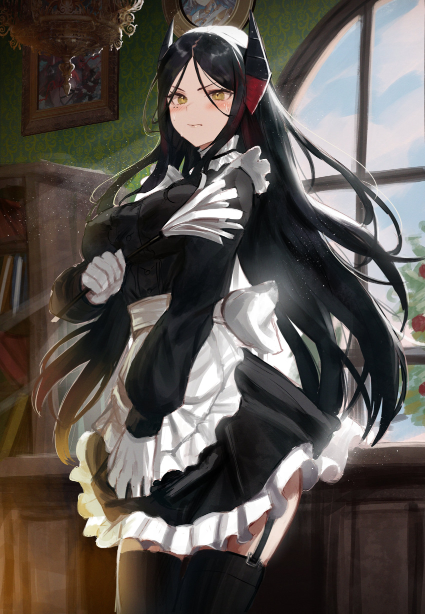 1girl absurdres adamosina alternate_costume apron arknights black_dress black_hair black_thighhighs bookshelf chandelier clothes_pull dress dress_pull duster feather_duster frilled_dress frills garter_straps gloves highres horns ines_(arknights) lips long_hair maid maid_apron portrait_(object) solo sweat thigh-highs white_gloves yellow_eyes