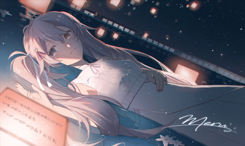 1girl afloat aqua_nails blue_eyes breasts commentary_request crying crying_with_eyes_open double-parted_bangs dress dutch_angle flower from_side furrowed_brow grey_hair hair_ribbon hatsune_miku heterochromia highres lantern long_hair looking_at_viewer lying night night_sky paper_lantern red_eyes ribbon sideways_glance signature sky sleeveless sleeveless_dress small_breasts solo streaming_tears tears translation_request twintails vocaloid water water_drop white_dress white_flower white_ribbon yurun_(yurun_ume)