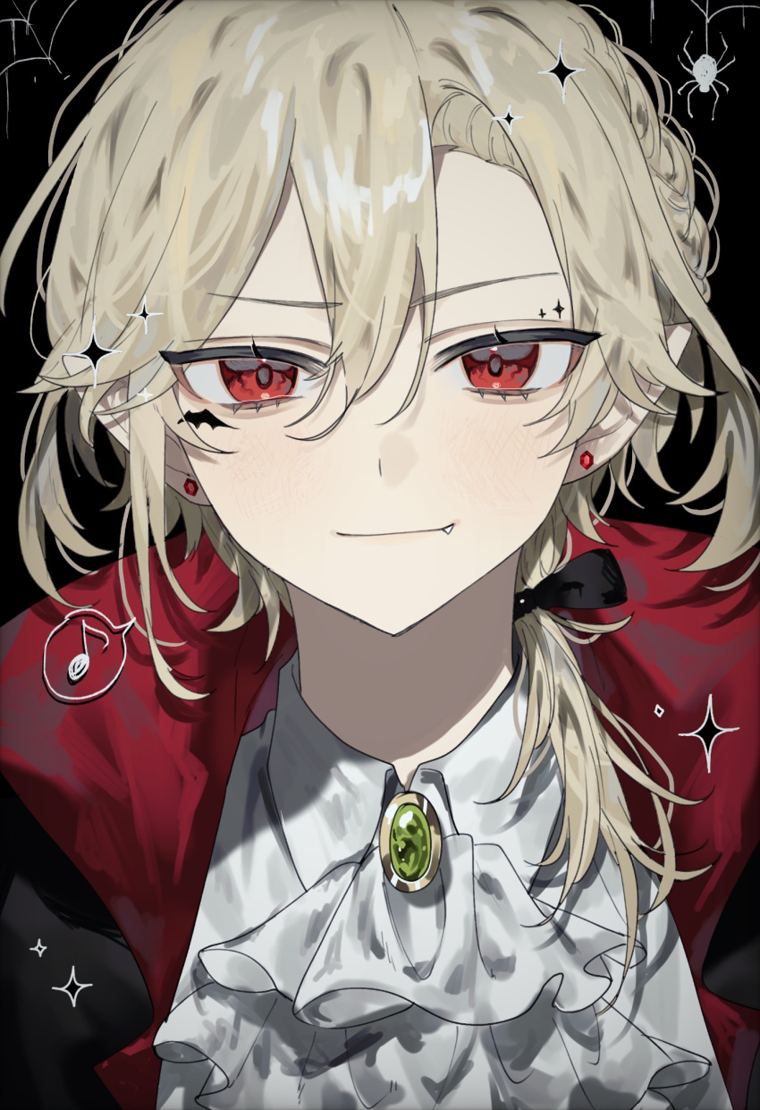 1boy ascot black_background black_bow black_cape blonde_hair bow bug cape closed_mouth collared_shirt earrings fang gem genshin_impact green_gemstone hair_bow highres jewelry kaveh_(genshin_impact) looking_at_viewer low_ponytail male_focus medium_hair multicolored_cape multicolored_clothes pointy_ears red_cape red_eyes shirt silk smile solo spider spider_web vampire wanu71 white_ascot white_shirt
