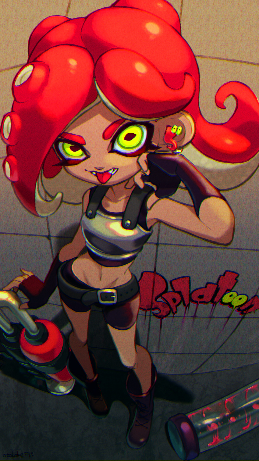 1girl absurdres arm_up armor belt bike_shorts black_footwear black_gloves black_shirt black_shorts boots breastplate copyright_name fangs fingerless_gloves foreshortening full_body gloves green_eyes hand_on_own_face highres long_hair looking_at_viewer midriff navel octoling octoling_girl open_mouth otoboke-san redhead shirt shorts sleeveless sleeveless_shirt solo splatoon_(series) standing suction_cups takozonesu tentacle_hair thighs tongue tongue_out weapon
