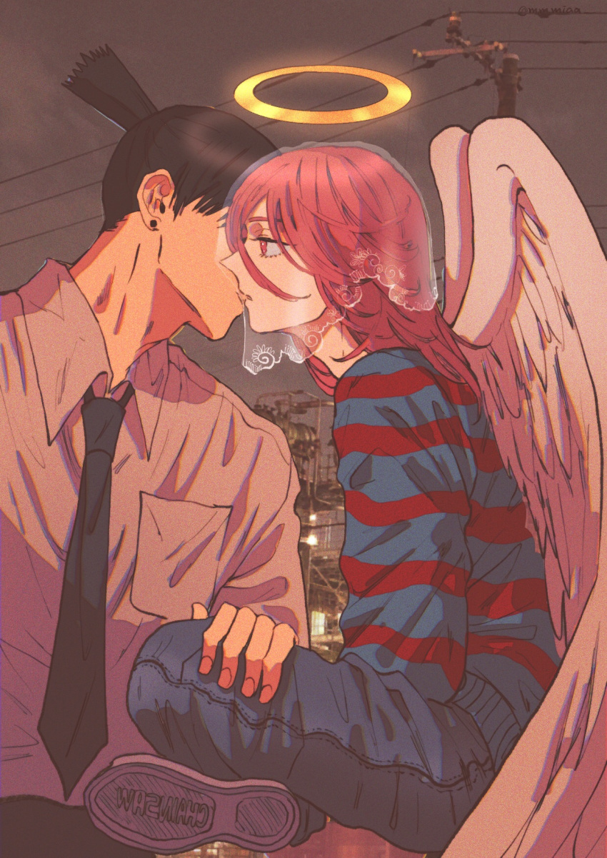 2boys adam's_apple androgynous angel_devil_(chainsaw_man) black_hair black_necktie black_pants blue_pants chainsaw_man collared_shirt couple covered_face denim earrings empty_eyes feathered_wings floating from_side halo hand_on_another's_leg hand_up hayakawa_aki highres indian_style jeans jewelry kiss long_hair long_sleeves male_focus mmmiaa multiple_boys necktie pants photo_background power_lines profile red_eyes redhead see-through shirt shirt_tucked_in shoe_soles shoes sitting striped striped_shirt stud_earrings topknot updo utility_pole veil white_shirt wings