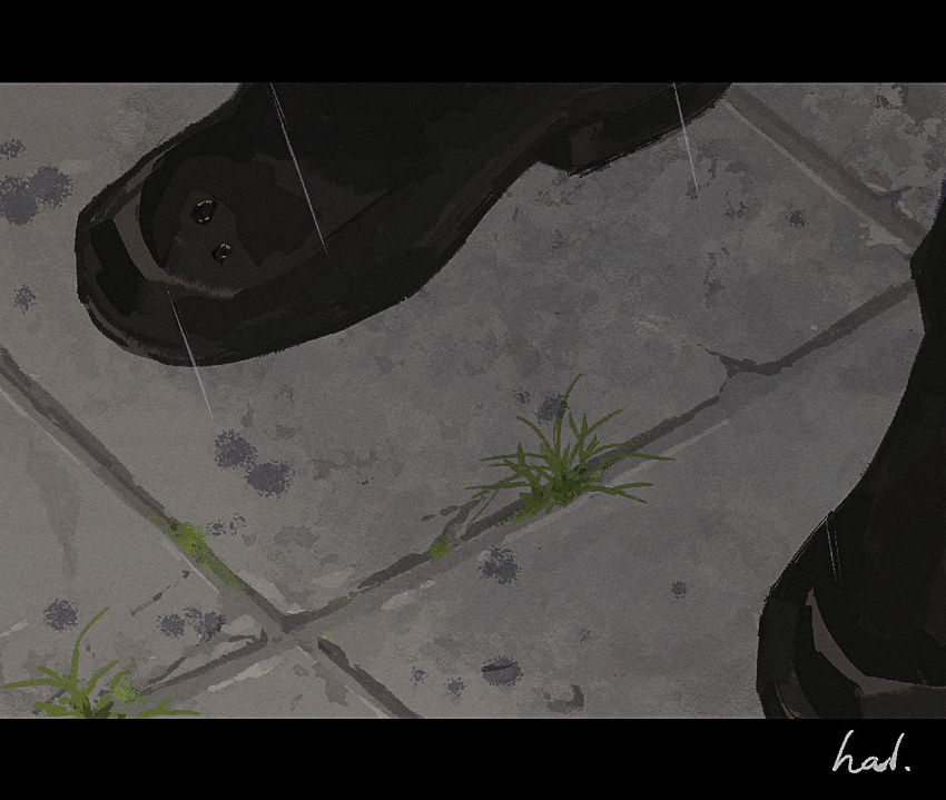 1boy black_footwear concert crack cracked_floor cu_chulainn_(fate) dress_shoes fate/stay_night fate_(series) footwear_focus grass hal_(haaaalhal) letterboxed male_focus outdoors rain signature standing tiles water_drop