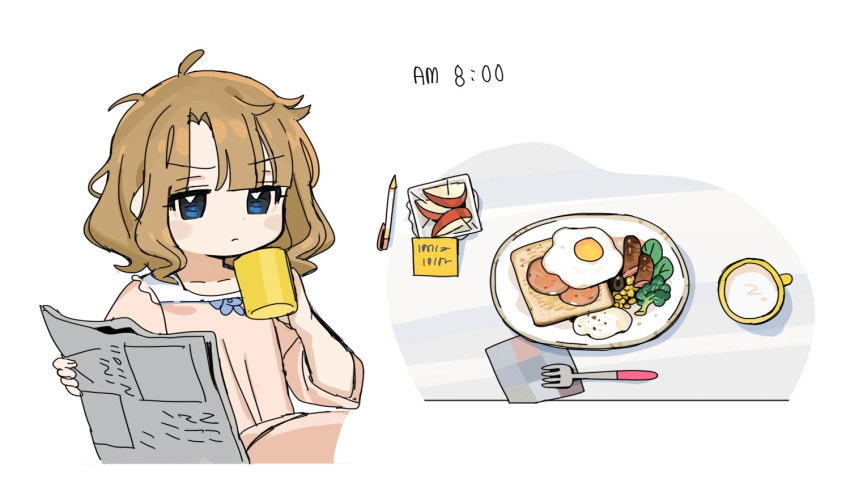1girl ahoge apple apple_slice blue_eyes breakfast brown_hair closed_mouth commentary cup food fork fried_egg fruit holding holding_cup holding_newspaper idolmaster idolmaster_million_live! long_sleeves medium_hair messy_hair newspaper pajamas pen pink_pajamas plate serious sidelocks solo spawnfoxy suou_momoko table upper_body v-shaped_eyebrows wavy_hair white_background