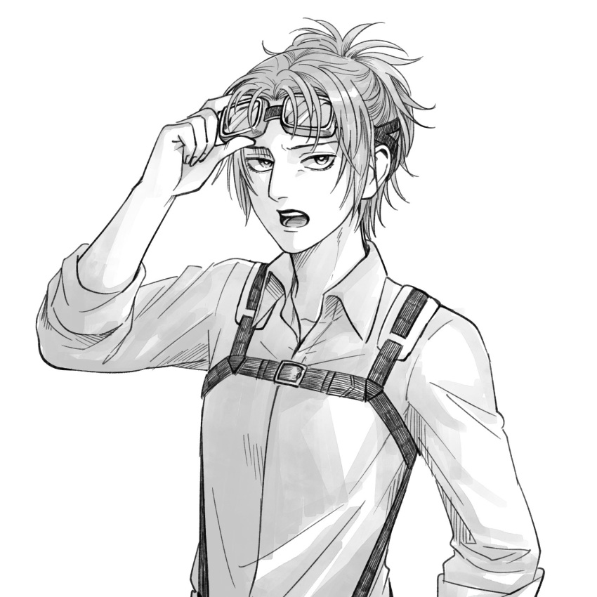 1other androgynous commentary_request flat_chest goggles goggles_on_head greyscale hange_zoe highres monochrome open_mouth other_focus ponytail shingeki_no_kyojin sleeves_rolled_up solo suspenders upper_body yonchi