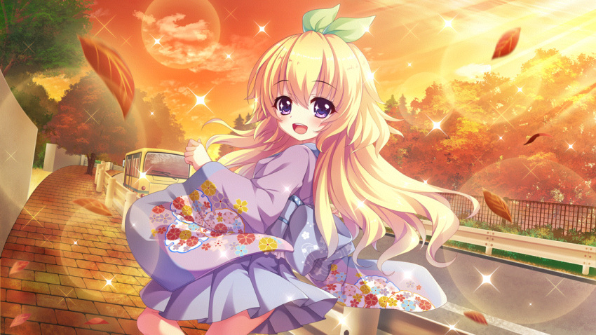 1girl :d autumn autumn_leaves blonde_hair brick_road bus clouds dot_nose dutch_angle fence film_grain floral_print from_behind game_cg green_ribbon guard_rail hair_ribbon hasegawa_mii izumi_tsubasu japanese_clothes kimono lens_flare long_hair looking_at_viewer looking_back motor_vehicle non-web_source obi official_art open_mouth orange_sky outdoors print_kimono purple_kimono re:stage! ribbon road sash sky smile solo sparkle sparkling_eyes street sunlight teeth tree upper_teeth_only violet_eyes