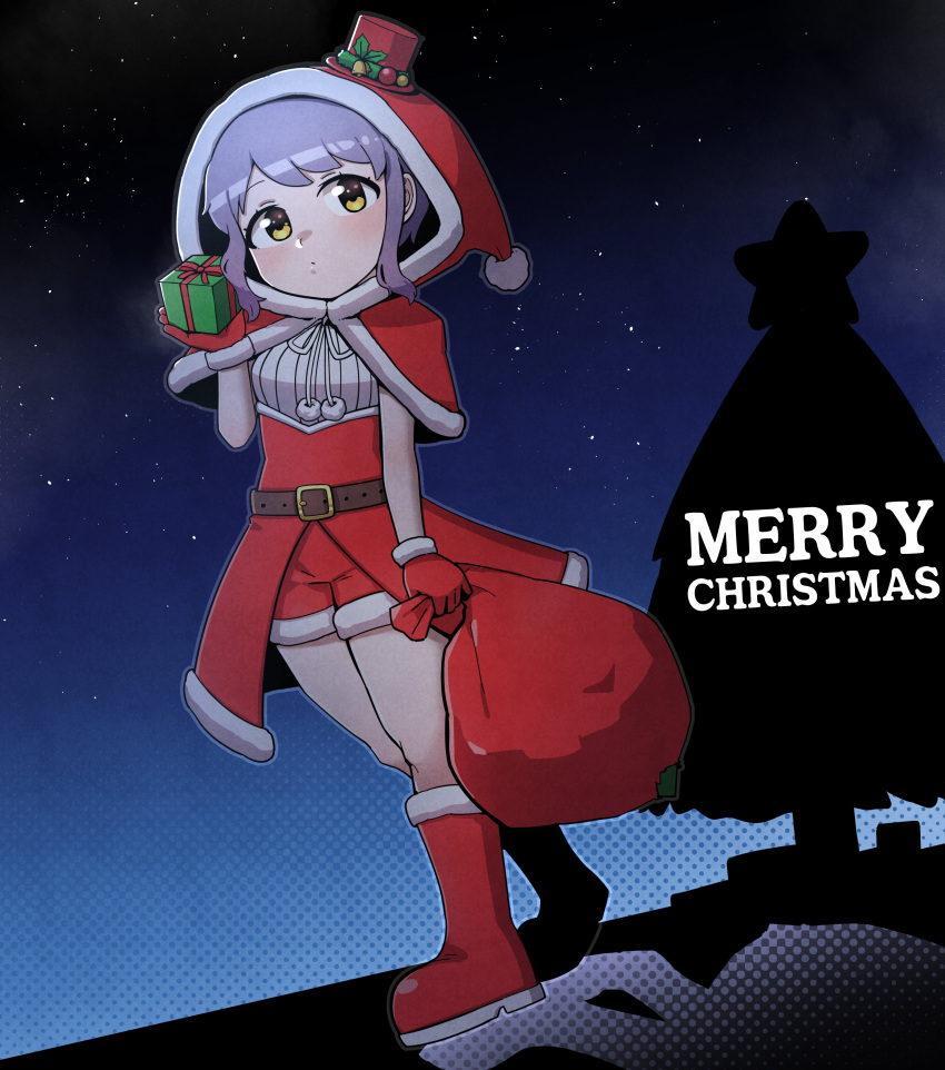 1girl absurdres boots burndle08 capelet christmas_tree commentary dress fur-trimmed_capelet fur-trimmed_gloves fur-trimmed_hood fur-trimmed_shorts fur_trim gift gloves hat highres holding holding_gift holding_sack hood idolmaster idolmaster_million_live! looking_at_viewer makabe_mizuki merry_christmas mini_hat night night_sky purple_hair red_capelet red_dress red_footwear red_gloves red_hood red_shorts sack santa_costume short_hair shorts sidelocks sky solo star_(sky) starry_sky yellow_eyes