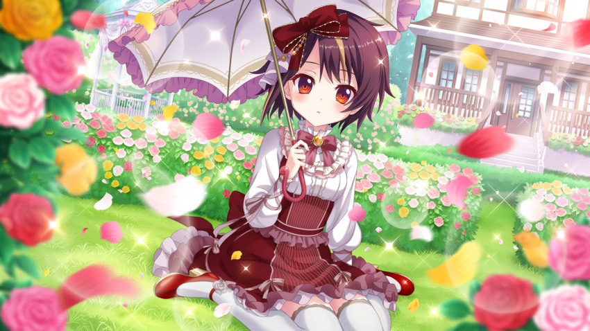 1girl bandou_mikuru bell blonde_hair bow breasts brown_hair day dot_nose dress dutch_angle film_grain flower game_cg grass hair_bow hedge holding holding_umbrella house izumi_tsubasu jingle_bell lens_flare long_sleeves looking_at_viewer multicolored_hair non-web_source official_art outdoors pagoda parasol parted_lips petals pink_bow pink_flower pink_rose re:stage! red_bow red_eyes red_flower red_footwear red_rose red_skirt rose rose_bush shoes short_hair sitting skirt small_breasts solo sparkle streaked_hair sunlight thigh-highs two-tone_hair umbrella under_umbrella underbust wariza white_dress white_flower white_rose white_thighhighs white_umbrella yellow_flower yellow_rose zettai_ryouiki