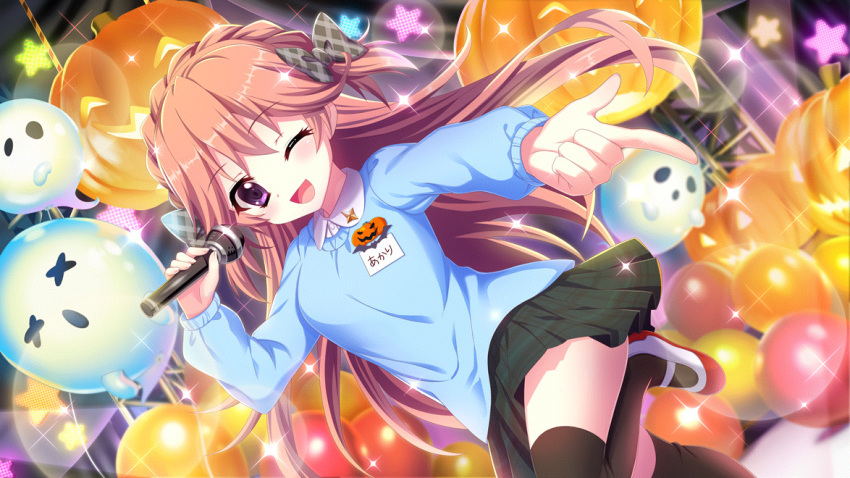 1girl balloon black_thighhighs bow braid breasts concert crown_braid dot_nose dutch_angle film_grain game_cg ghost haeno_akari hair_bow halloween holding holding_microphone izumi_tsubasu jack-o'-lantern kindergarten_uniform lens_flare long_hair long_sleeves looking_at_viewer medium_breasts microphone name_tag non-web_source official_art one_eye_closed open_mouth orange_hair plaid plaid_bow plaid_skirt pointing re:stage! red_footwear shoes skirt smile solo sparkle stage star_(symbol) thigh-highs translated two_side_up violet_eyes x_x zettai_ryouiki