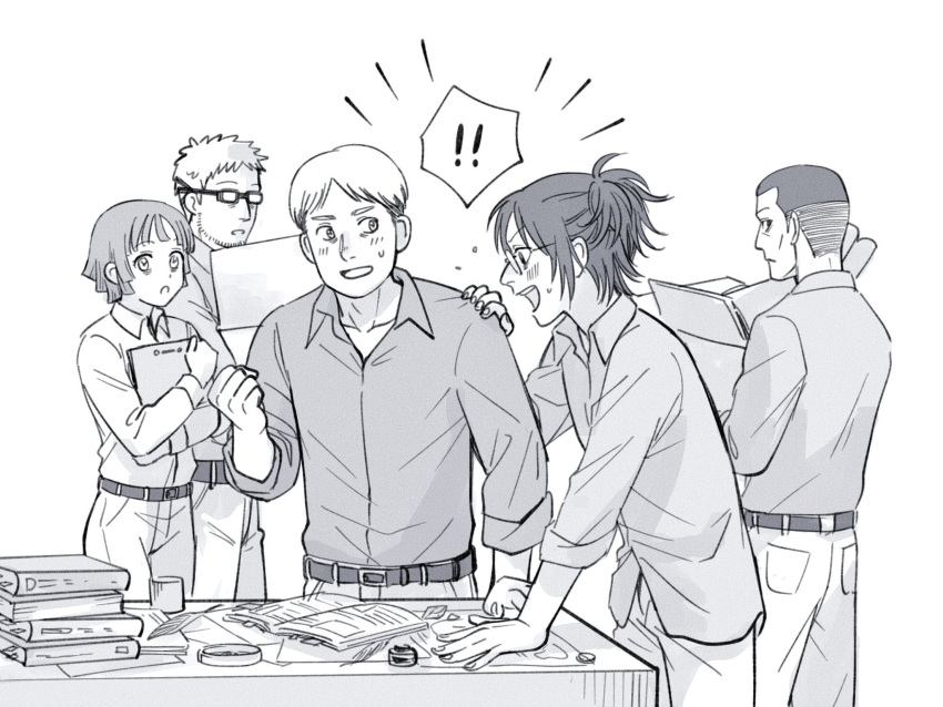 ! !! 1girl 1other 3boys abel_(shingeki_no_kyojin) belt book book_stack buzz_cut clenched_hand clipboard commentary_request facial_hair frown glasses goatee goggles greyscale hand_on_another's_shoulder hange_zoe highres holding holding_clipboard keiji_(shingeki_no_kyojin) moblit_berner monochrome multiple_boys nifa_(shingeki_no_kyojin) open_book open_mouth shingeki_no_kyojin short_hair smile sweatdrop very_short_hair yonchi