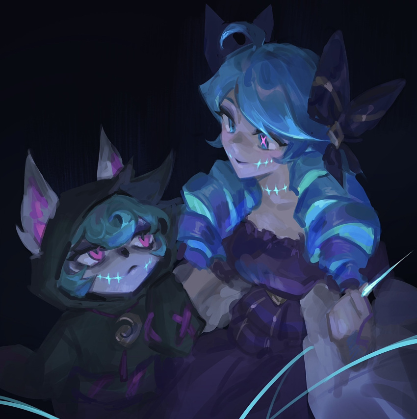 2girls ahoge black_background black_bow black_dress black_hoodie blue_hair bow breasts cowboy_shot dress drill_hair glowing_markings green_hair grey_dress gwen_(league_of_legends) hair_bow highres holding_sewing_needle hood hood_up hoodie kgynh large_breasts league_of_legends long_hair looking_at_another multiple_girls pink_eyes short_hair smile twin_drills twintails two-tone_dress vex_(league_of_legends) yordle