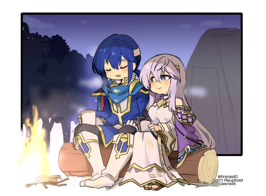 blue_hair brother_and_sister campfire camping drink fire fire_emblem fire_emblem:_genealogy_of_the_holy_war forest holding holding_drink julia_(fire_emblem) log nature purple_hair seliph_(fire_emblem) siblings sitting_on_log tent violet_eyes yukia_(firstaid0)