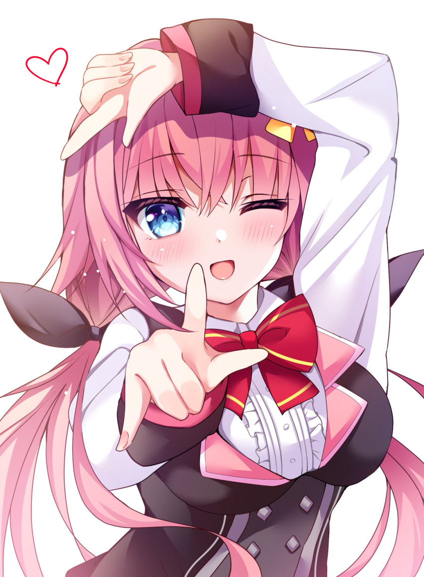 1girl ;d arm_up black_bow blue_eyes blush bow breasts center_frills commentary_request crossed_bangs eyelashes eyes_visible_through_hair fingernails frills hair_between_eyes hair_bow hakugan hamidashi_creative hand_up heart highres index_finger_raised issatsu_no_arrow_(meme) large_breasts long_hair long_sleeves looking_at_viewer low_twintails meme one_eye_closed open_mouth pink_hair pinky_out pointing pointing_at_viewer red_bow school_uniform shirt simple_background smile solo tokiwa_kano twintails upper_body very_long_hair white_background white_shirt