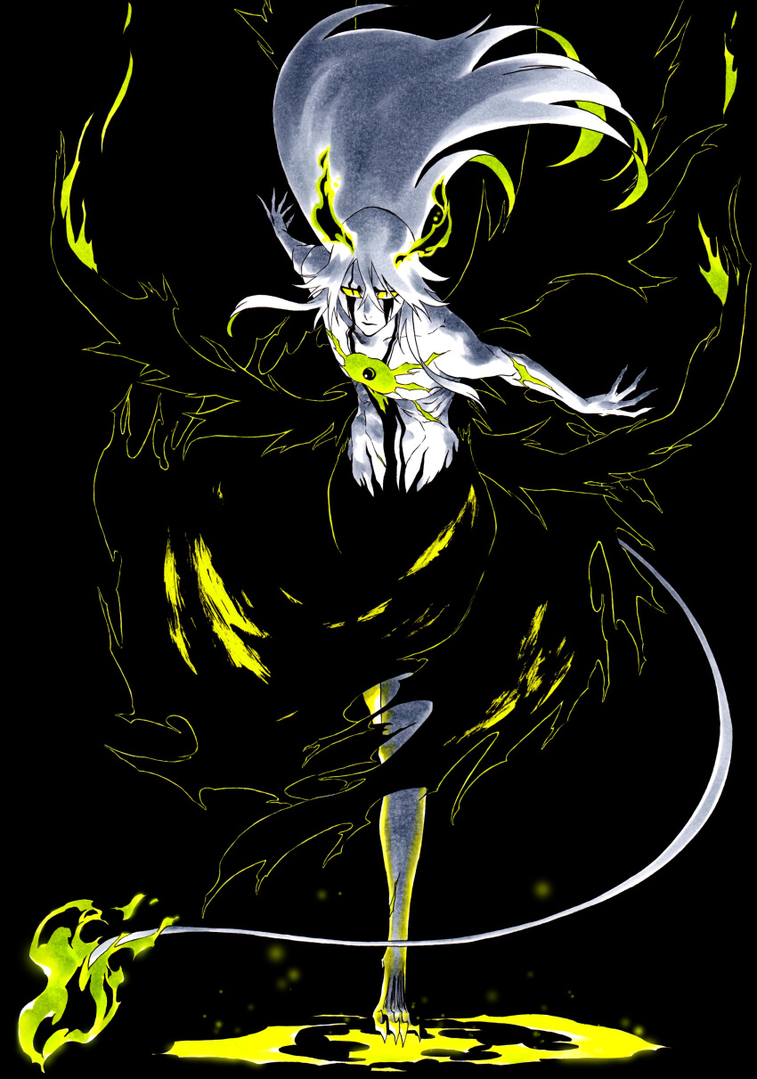 1boy absurdres arrancar black_background black_fire bleach bleach:_brave_souls clawed_feet closed_mouth collarbone colored_sclera colored_skin demon_boy demon_tail facial_mark fiery_horns fire floating_hair hair_between_eyes highres horns ken'ichi_(ken1ro_u) long_hair male_focus monster_boy multiple_wings outstretched_arms pale_skin ribs tail topless_male ulquiorra_cifer white_hair white_skin wings yellow_sclera